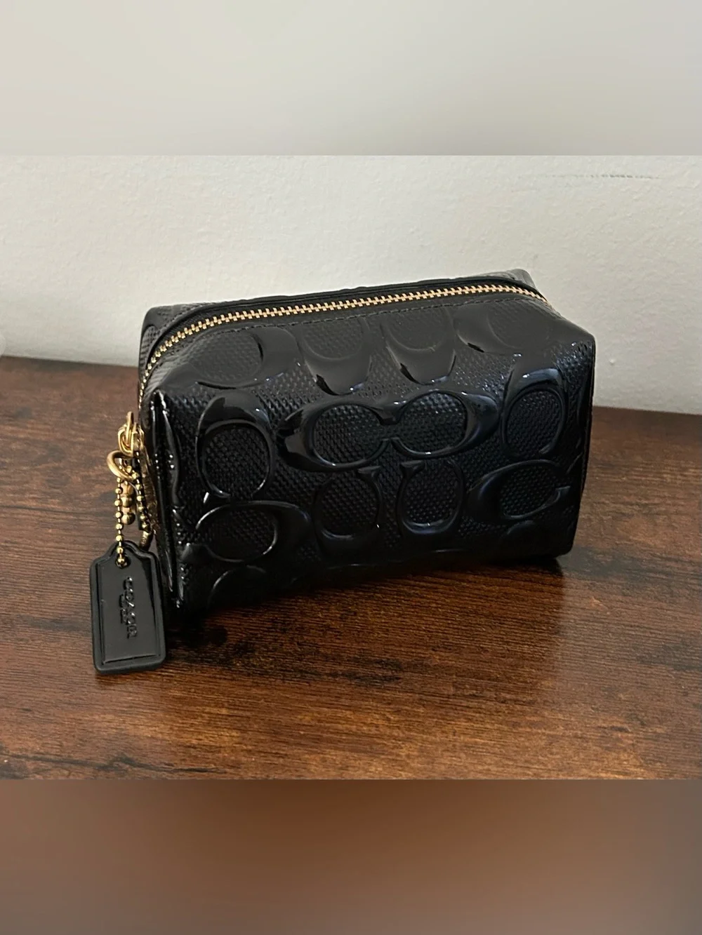 Coach Black Patent Leather Signature Cosmetic Bag